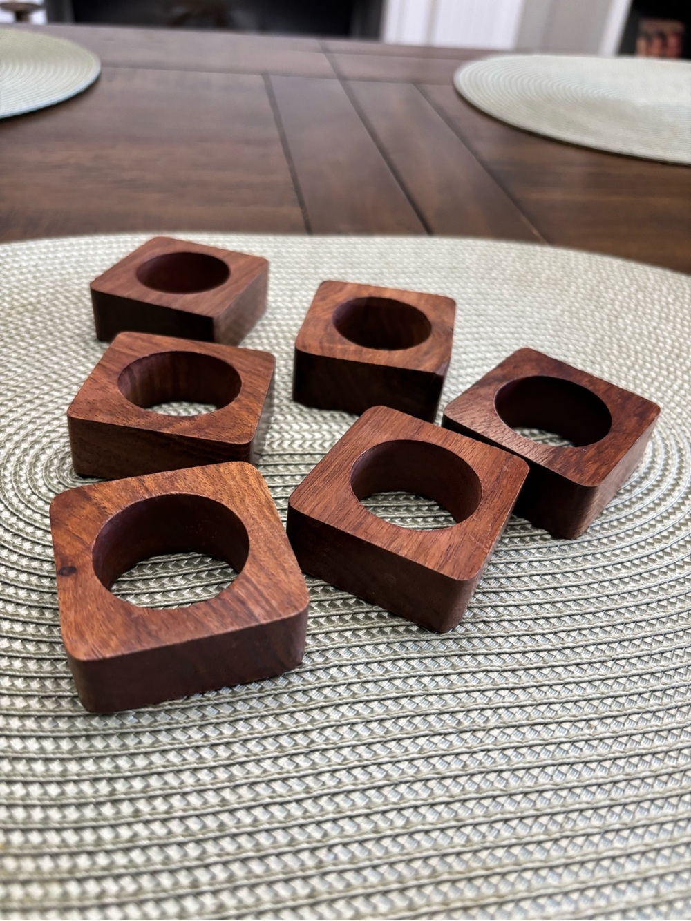 Set of six solid wood square with round center napkin ring holders